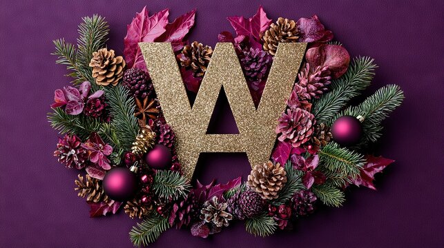   The letter W is encircled by pine cones, Christmas decor, & a purple bkg