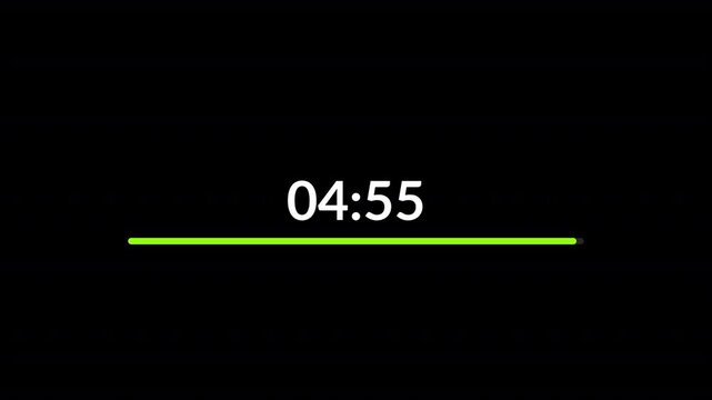 5 minute timer countdown animation on black background, remaining 5 minutes line animation, five minutes countdown.