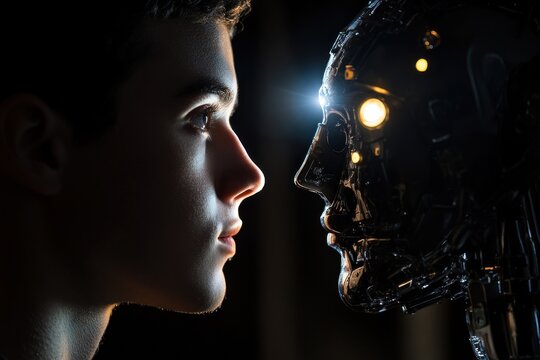 Profile of a man facing an illuminated robotic face