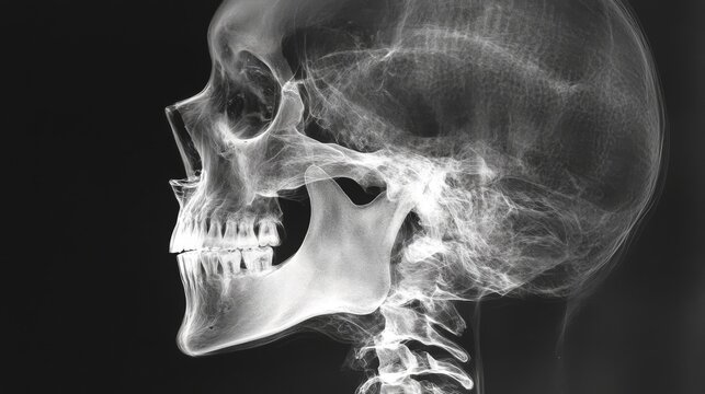 A side profile X-ray of a human skull, showcasing the intricate structure of the bones, teeth, and jaw.