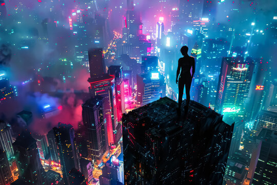 Man is standing on a rooftop in a city at night. The city is lit up with neon lights and the sky is cloudy