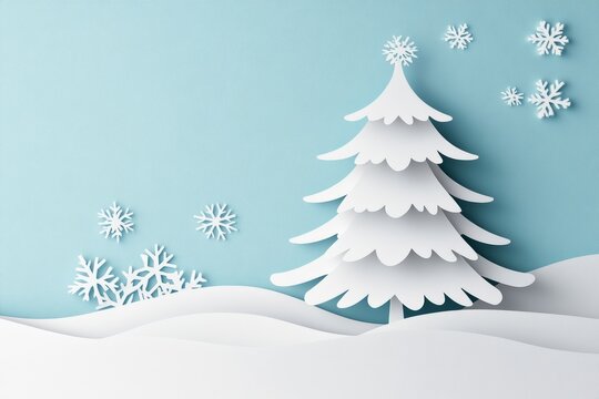 Stylish winter scene with a paper tree and snowflakes on a light blue background.