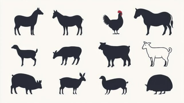 A collection of animal silhouettes, including a chicken, a pig, a cow, and a horse