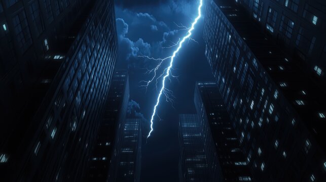 Lightning bolts of approaching thunderstorm over residential buildings.