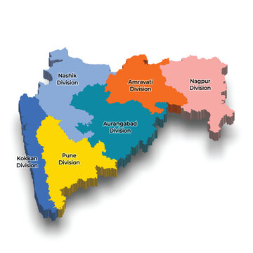 Maharashtra 3d map region wise on white background