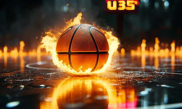 A flaming basketball rolls on a reflective surface, creating a dynamic and intense visual effect.