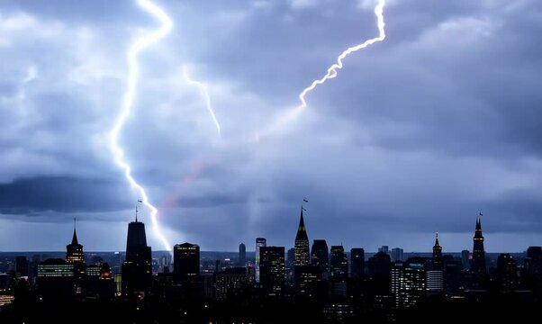 city skyline illuminated by thrilling lightning in time-lapse