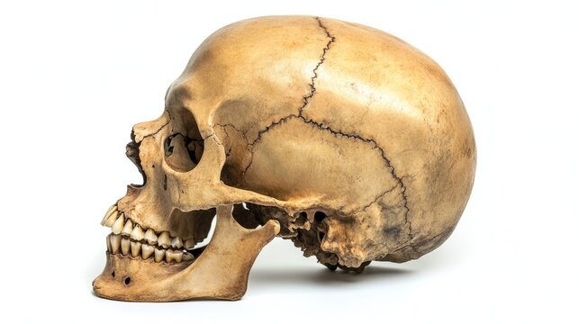 A side profile of the human skull, with detailed labeling of the cranial bones, jaw, and teeth, isolated on a white background 