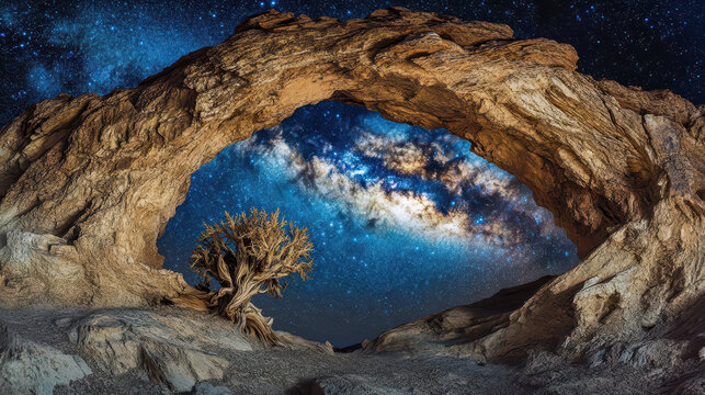 Desert Rock Arch Under the Stars: Milky Way Framed by Ancient Bristlecone Pine, a Stunning Astro-Landscape Capture in National Geographic Style.