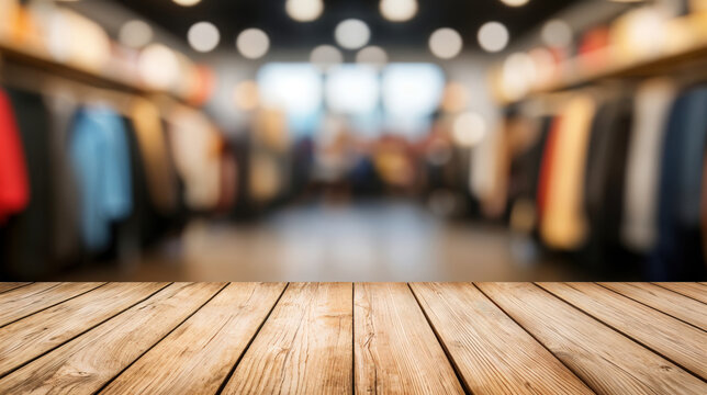 Empty wooden table top with clothing store background