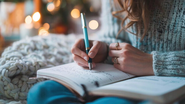 Woman writes her thoughts in the diary notebook with a pen with Christmas bokeh lights on background. Wish list, New Year resolutions concept