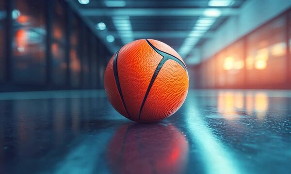 A close-up of an orange basketball on a polished floor.