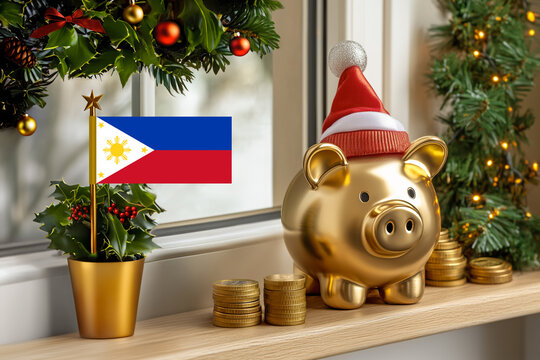 Flag of Philippines on a potted holly plant and golden piggy bank with hat and coins,sorrounded by festive decorations during Christmas holiday season.Business,finance and economy concept.