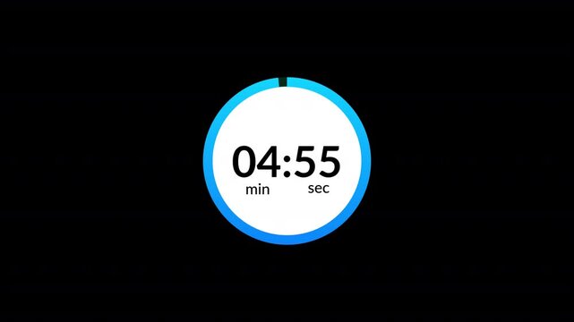 five minutes countdown timer animation, 5 minutes countdown on black background, 5 minutes circle timer.