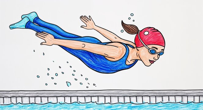 Hand drawing clipart of a girl swimmer diving into a pool on plain white background