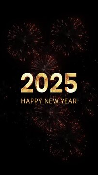 2025 New Year gold text fireworks background effects vertical video