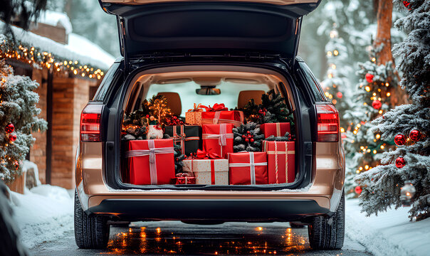 A well-packed car trunk overflowing with colorful Christmas presents during a winter holiday season