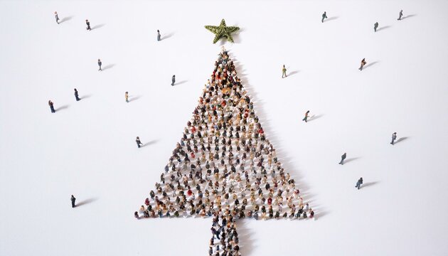 Human crowd forming a christmas tree symbol on white background