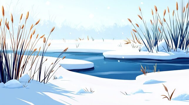   Snowy landscape painting featuring pond & ice floes in fg, reeds in bkg