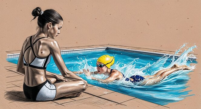 Hand drawing clipart of a swimmer girl by a pool with water splashes