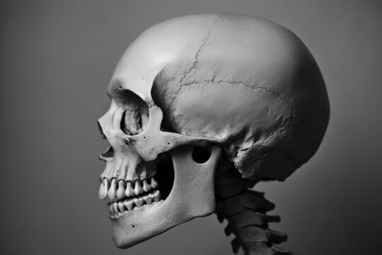 A realistic side profile of a human skull emphasizing the intricate suture lines on the cranium, symbolizing mortality and the passage of time.