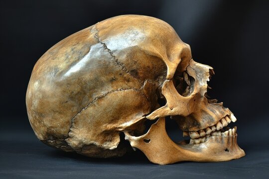 Anatomically detailed human skull displayed against a dark background highlighting its features