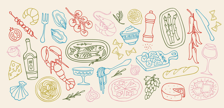 Mediterranean food doodle set. Icons or symbols with traditional Italian cuisine, seafood, pasta, vegetables and wine. Healthy Diet. Hand drawn outline vector illustration isolated on background