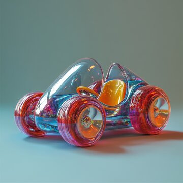 Futuristic Glass Toy Car Colorful Render 3D Design Kids Ride Rainbow Wheels Transparent Body