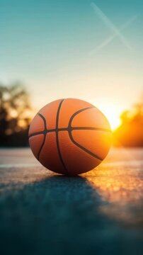 Orange basketball ball rests on the court at sunset, creating a vibrant sports background perfect for enthusiasts