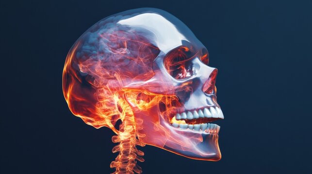 anatomical skull x-ray visualization, glowing orange energy effect, dental structure detail, side profile view, dark blue gradient background, volumetric lighting, medical illustration style