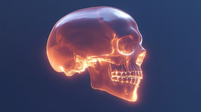 anatomical skull x-ray visualization, glowing orange energy effect, dental structure detail, side profile view, dark blue gradient background, volumetric lighting, medical illustration style