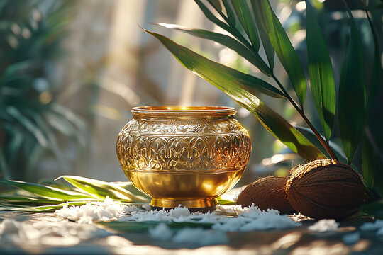 a golden kalash pot with coconut and mango leaves for prayer rituals.