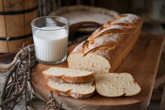 Long loaf of rural bread with two cut-off pieces lies on a wooden chopping board and a glass of fresh milk