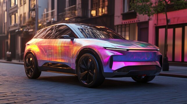 Futuristic Electric Car with Holographic Paint in Urban Setting