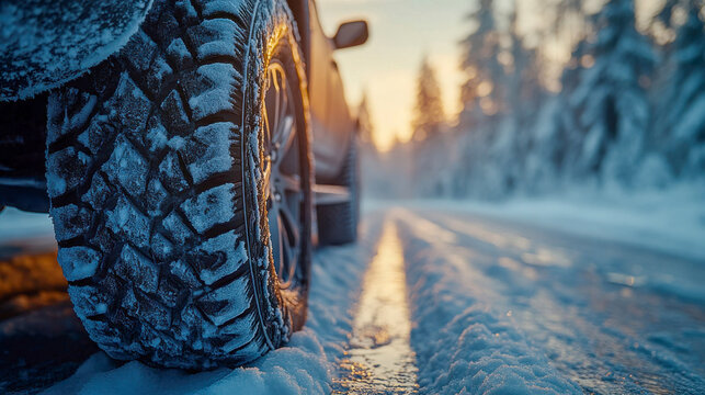 An off-road vehicle with robust winter tires drives through a snow-covered forest, showcasing traction and durability in extreme conditions