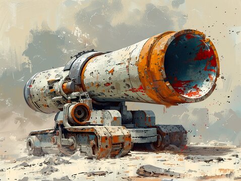 Rusted and Powerful: A Futuristic Weapon in a Desolate Landscape