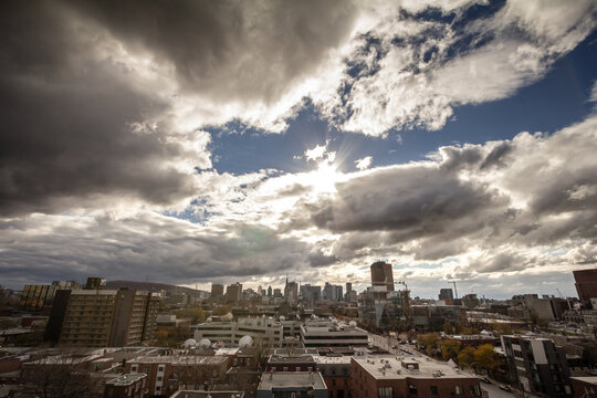 Montreal skyline with iconic buildings from Le Village, offering a view of the city's skyscrapers and business district from a residential area. Montreal is the main city of Quebec.