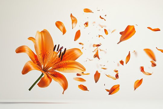 Beautiful Orange lily flower falling in the air isolated on white background. High resolution image