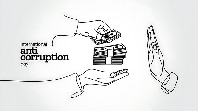 Minimalistic International Anti-Corruption Day Illustration Featuring Hands Rejecting Money in Line Art Style, with Clean Typography and Green Accents for Emphasis