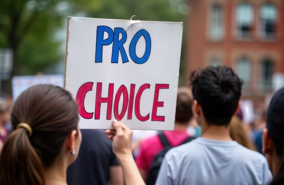 People demonstrate support for reproductive rights. Pro choice sign held by woman in public protest. People gather outdoors. Public gathering for rights. Important social issues. Peaceful