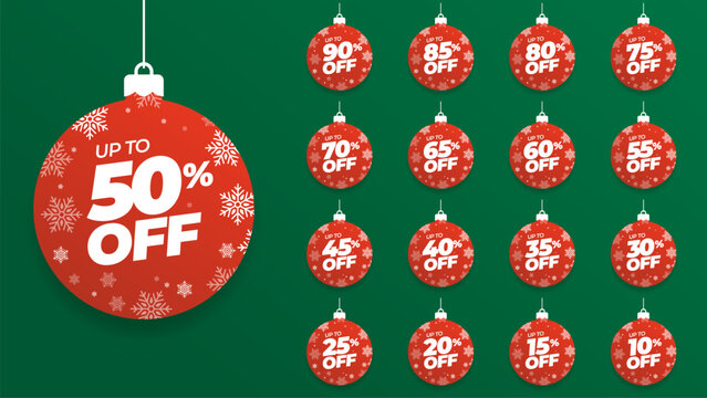 Special offer discount on christmas balls with different value percent off 90, 85, 80, 75, 70, 65, 60, 55, 50, 45, 40, 35, 30, 25, 20, 15, 10 percentage price reduction label. Sale offer emblem set.