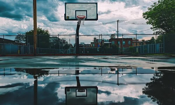 A basketball hoop reflected in a rain puddle on a court under a cloudy sky.