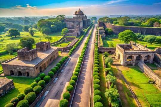 Scenic View of the Road to Rewa Kund at Mandu Surrounded by Lush Greenery and Ancient Architecture, Capturing the Beauty of Nature and Heritage in Vibrant Colors