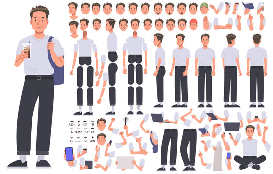 Young cheerful guy character constructor. Blogger student influencer. Set of different positions of arms legs head and body to create animation