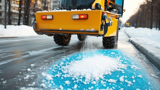 Unique winter maintenance vehicle is applying a salt and blue de-icing solution on a city road to melt snow and stop ice from forming