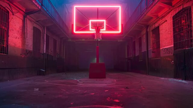 Vibrant neon basketball court with reflections and dramatic lighting