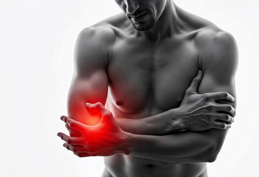 A muscular man experiences intense elbow pain, holding his arm in discomfort against a white background