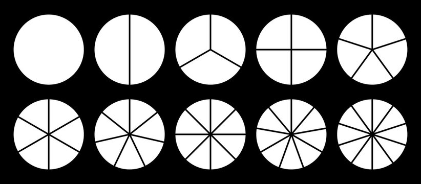 Infographic icon pie circles set divided radius in white color. Segments of circle with 1 to 10 pieces. White round diagram. Divided circle sections set. Vector illustration