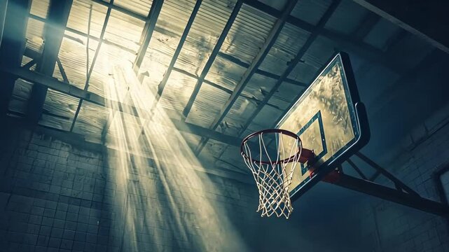 Inside a dimly lit basketball court, sunlight streams down, illuminating a hoop.