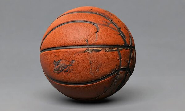 A worn basketball showcasing its textured surface and distinctive markings.